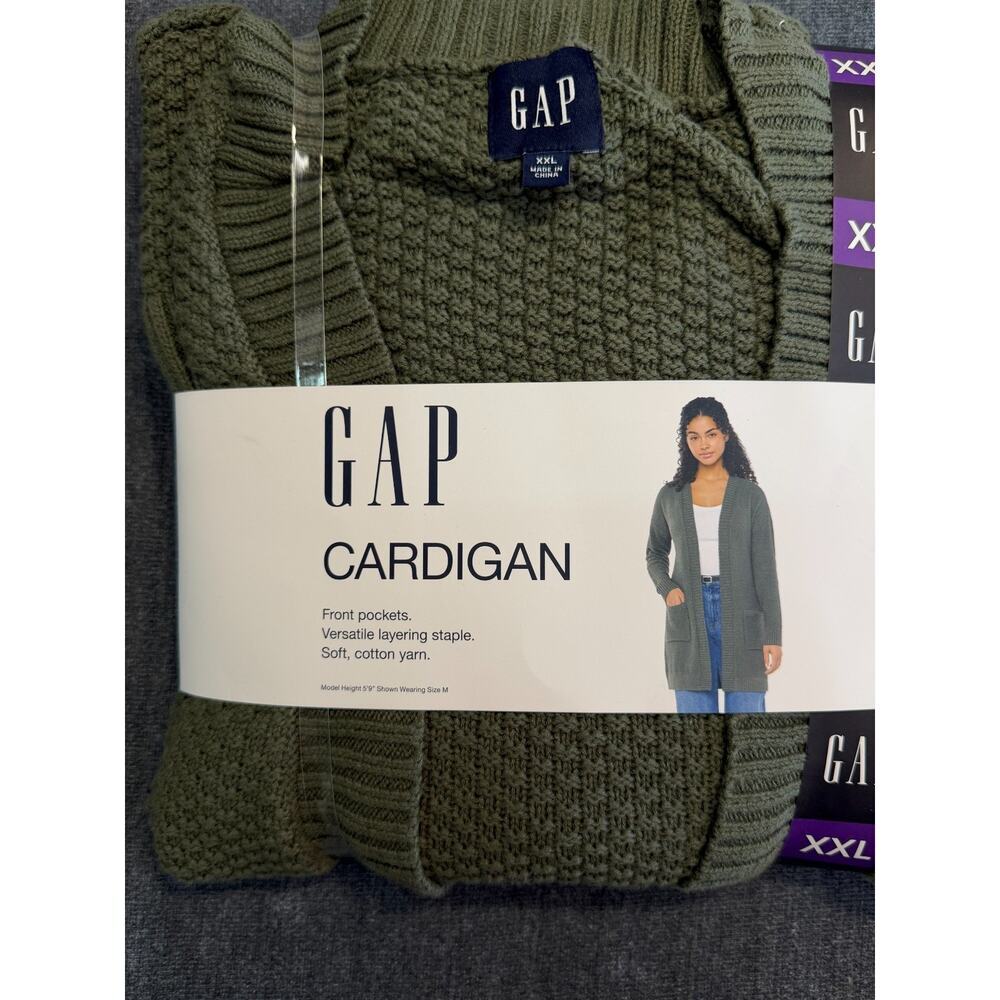 NWT Gap Long Sleeve Open Cardigan Women's 2XL Olive Green Front Pockets Winter - Picture 2 of 5